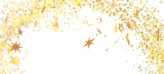 Sparkling gold stars falling on white. Festive, celebratory background.
