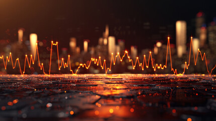 Vibrant city skyline is illuminated at night, with glowing waveform overlay that symbolizes data or sound. scene conveys sense of energy and modernity, reflecting urban life and technology