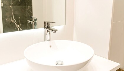 Fototapeta premium Modern bathroom sink and faucet, featuring a clean, minimalist design with a neutral color palette.