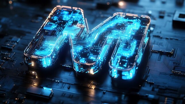 Leek metallic font embedded with circuit patterns glowing in blue light showcasing the fusion of technology and creativity.
