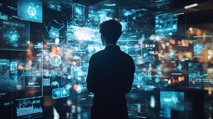 Young professional standing in front of a transparent screen filled with creative ideas and new concepts visualized through holographic graphics.