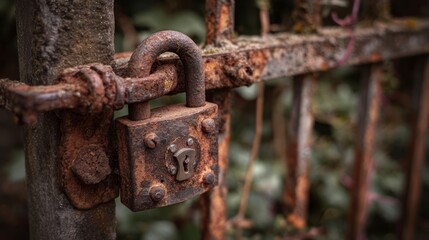 Rusty padlock on aged metal gate