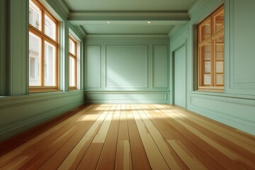 Obraz premium A serene, sunlit room with antique-style, light mint green paneling and a wooden floor.