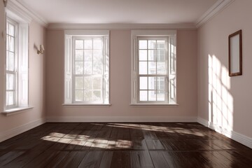 Obraz premium A sun-drenched, empty room with pale pink walls, white trim, and dark wooden floors.