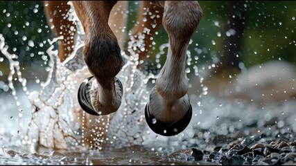 A horse is running through a stream of water. The water is splashing up and around the horse's legs, and the horse's hooves are creating ripples in the water. The scene is peaceful and serene - Powered by Adobe