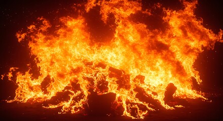 A large, vibrant bonfire with intense orange and yellow flames burning brightly against a dark night sky.