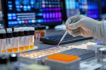 Lab technician transferring liquid samples
