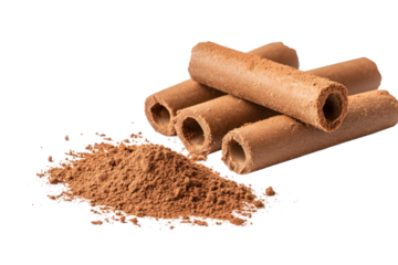 Chocolate Wafer Rolls and Cocoa Powder: Delightful close-up of delectable chocolate wafer rolls alongside a generous mound of rich cocoa powder, inviting indulgence.