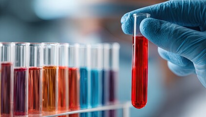 A gloved hand holds a test tube filled with red liquid, in front of a rack of other test tubes with various colored liquids