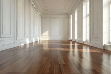 Obraz premium An empty, sunlit room with polished hardwood floors and ornate white paneling showcases a classic, elegant ambiance.