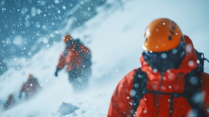 Climbers ascend snowy mountain slope amidst falling snow