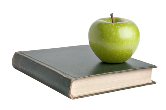 Green Apple and a Vintage Book: An inviting shot showcasing a vibrant green apple perched atop a classic vintage book, it's a visual metaphor for knowledge, learning.
