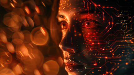A radiant circuit board projection overlays half of a beautiful woman's face against a dark background, with ample space for additional text or design.