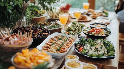 Table with plates full of various fresh food in cafe, freshly squeezed juices, eggs, fruits and sausages. Each bowl features various vegetables, herbs, and proteins, inviting a nutritious dining exper