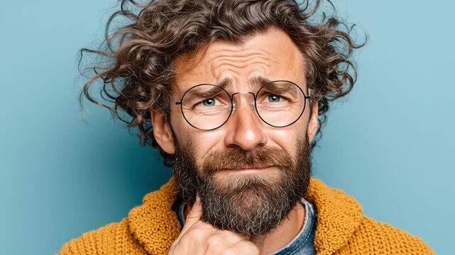 A man in glasses looks thoughtful or concerned, with a curious expression on his face. 