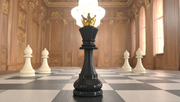 A black chess king stands poised on a checkered  board in an opulent, ornate room, with two white pawns in the foreground.