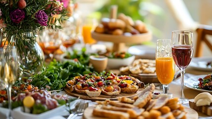 Table with plates full of various fresh food in cafe, freshly squeezed juices, eggs, fruits and sausages. Each bowl features various vegetables, herbs, and proteins.