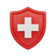 Obraz premium Red shield with white cross medical symbol isolated on transparent background
