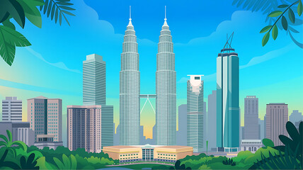 Twin Towers Cityscape with Tropical Greenery and Blue Sky Kuala Lumpur Petronas Towers