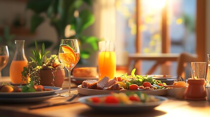 Table with plates full of various fresh food in cafe, freshly squeezed juices, eggs, fruits and sausages. Each bowl features various vegetables, herbs, and proteins.