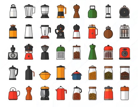 Variety kitchen appliances and food containers, neatly arranged on a clean background