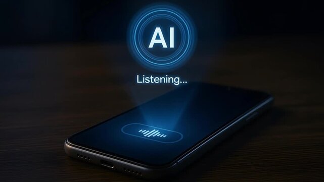 A smartphone displays the AI listening interface. 