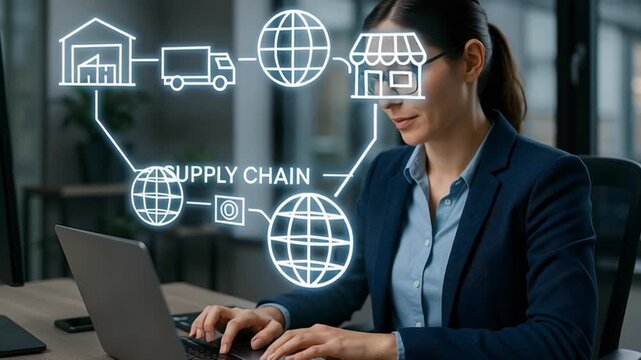 A person working on the laptop in a business environment with supply chain process graphic overlay. 