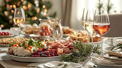 Table with plates full of various fresh food in cafe, freshly squeezed juices, eggs, fruits and sausages. Each bowl features various vegetables, herbs, and proteins.