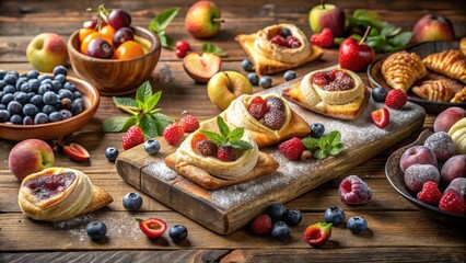 A delectable arrangement of sweet pastries filled with berries and adorned with powdered sugar, nestled amongst an assortment of fresh fruits on a rustic wooden surface.