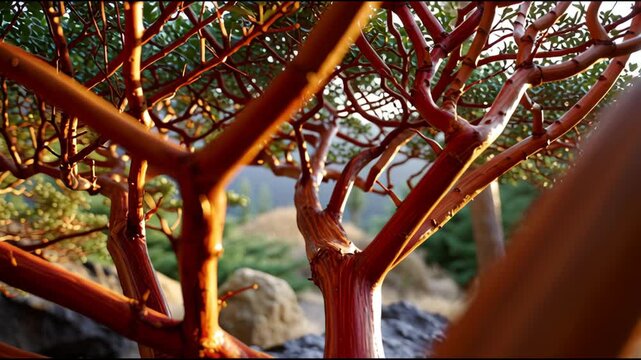A tree with brown bark and a branch that is cut off. The branch is brown and has a reddish hue