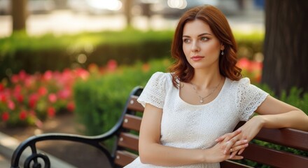A woman in a white dress sitting on a park bench with flowers in the background.