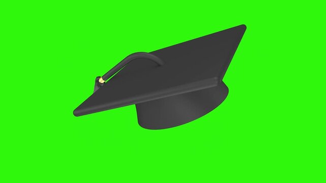 Black graduation cap spinning on green screen. 3D animation.