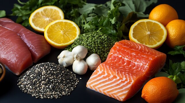 Top-down view of different wholesome foods like salmon, almonds, berries, and whole grains on a black background, highlighting balanced nutrition.