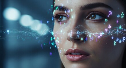 Close-up of a woman's face overlaid with digital symbols and data streams, blending beauty with technology in a futuristic style.
