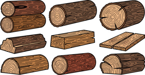 Naklejka premium Vector set of different wooden logs, planks, and timber blocks. Ideal for carpentry, construction materials, and forestry design elements