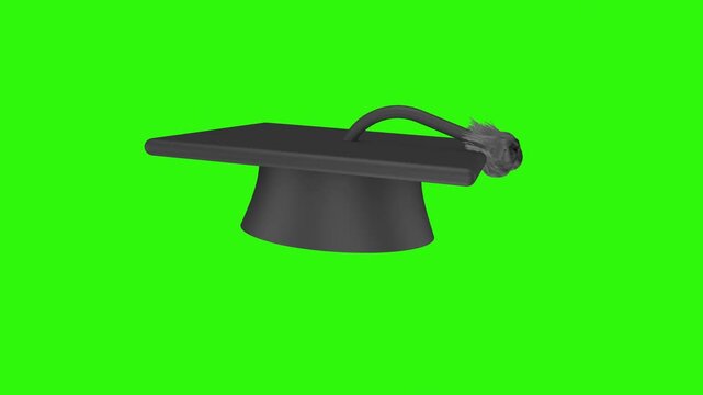 Black graduation cap spinning on green screen. 3D animation.