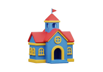 Cartoon building with red roof and blue walls isolated on transparent background