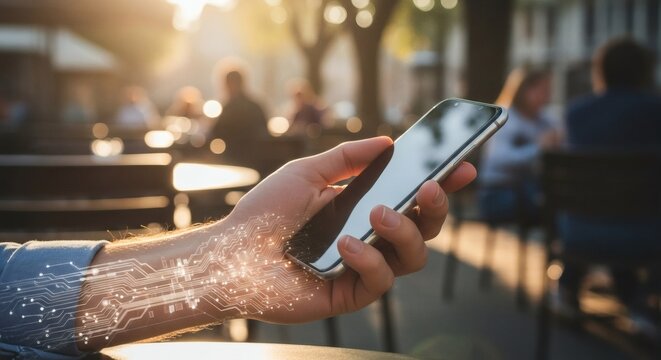 Mobile technology in hand: Digital overlay of circuit board on a person's arm holding a smartphone outside on a sunny day. 