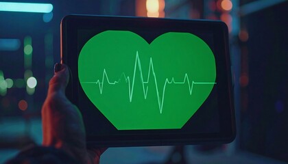 Tablet displaying a green heart with heartbeat graphic