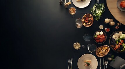 Table with plates full of various fresh food in cafe, freshly squeezed juices, eggs, fruits and sausages. Each bowl features various vegetables, herbs, and proteins.