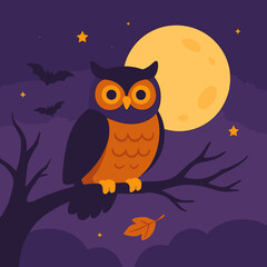 Halloween Owl on Branch Under Moon: Cute Cartoon Illustration