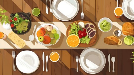 Table with plates full of various fresh food in cafe, freshly squeezed juices, eggs, fruits and sausages. Each bowl features various vegetables, herbs, and proteins.