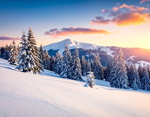 Snowy mountain peaks at sunset
