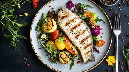 Top-down view of a fine dining plate with a grilled fish fillet, roasted vegetables, and edible flowers, creating a visually appealing culinary masterpiece.