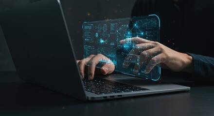 Mastering data analysis with futuristic holographic interface and laptop for advanced digital insights.