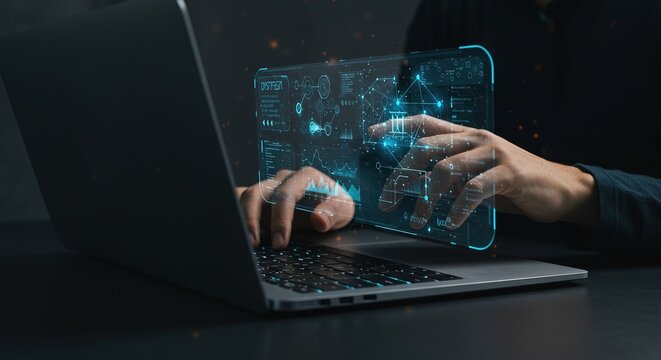 Mastering data analysis with futuristic holographic interface and laptop for advanced digital insights.