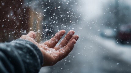 Snow falling into open hand
