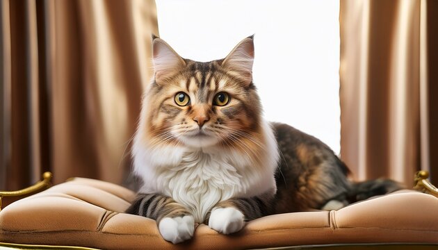 a cat sitting on a luxurious cushion with an imperious gaze as though ruling its domain