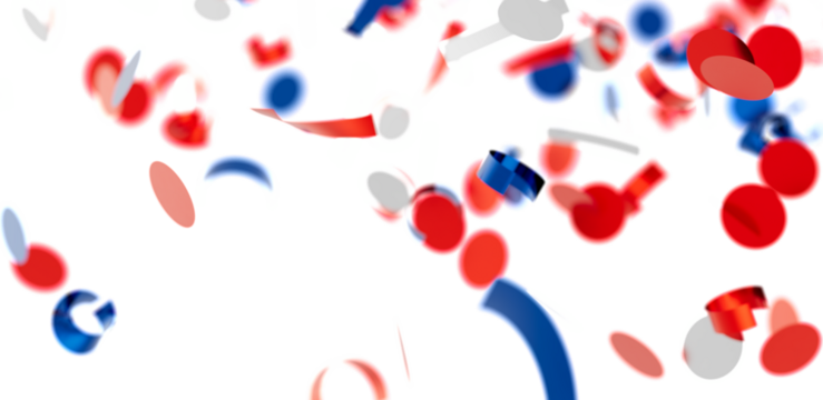Abstract festive background with red, blue, white confetti. Perfect for celebrations, parties, and events.