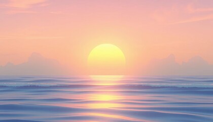 Serene sunset over calm ocean waves, soft pastel colors, minimalist anime style, serene, illustration